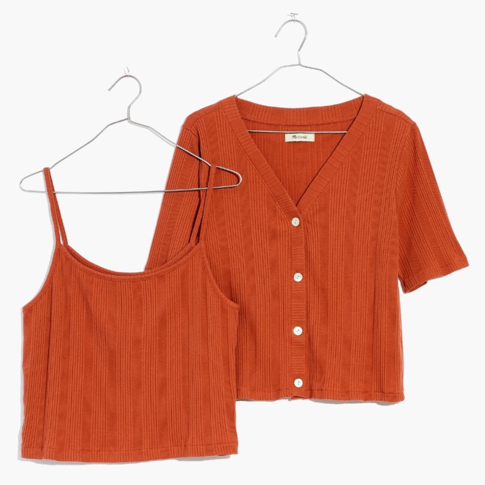 Madewell Afterglow Red Ribbed Button Cardigan & Tank Set NWT